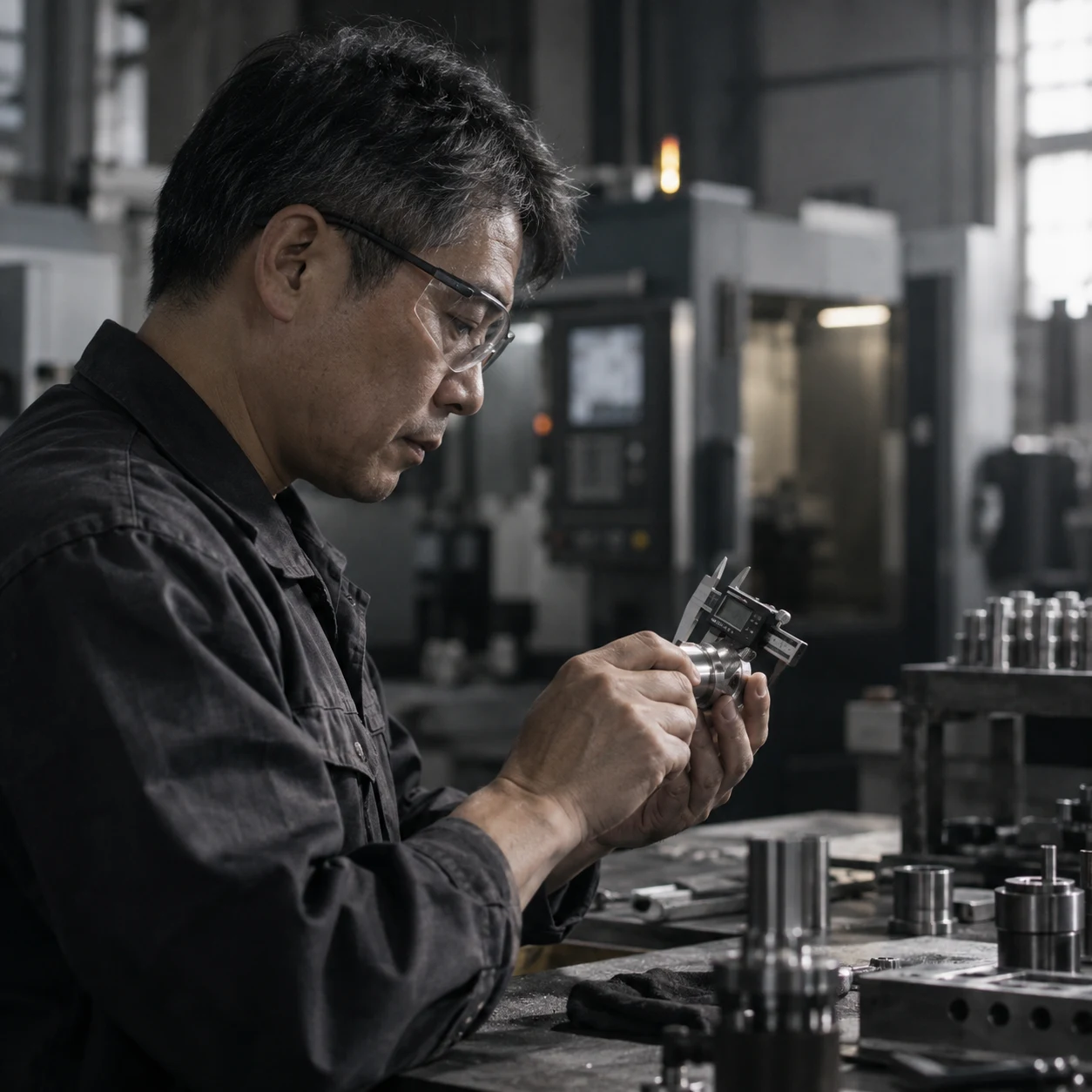 技師以游標卡尺檢視金屬零件的示意情境